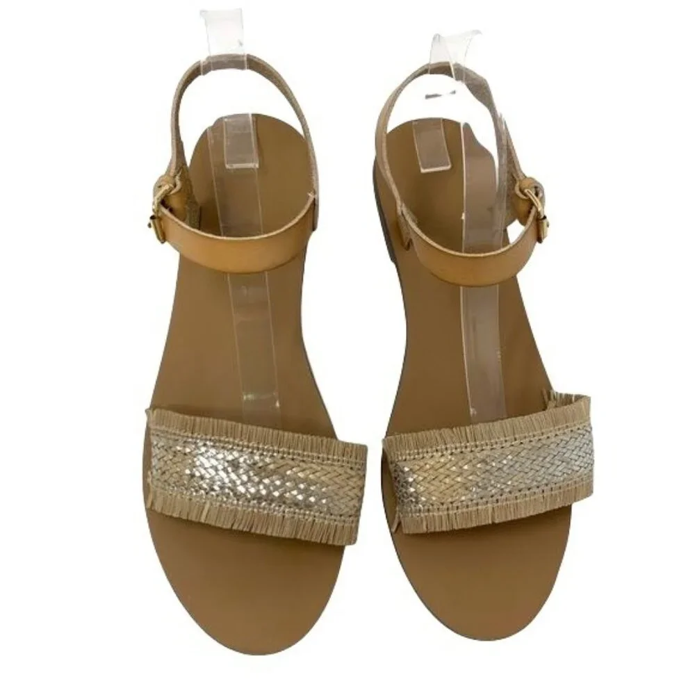 J. Crew Factory Raffia Ankle Strap Sandal Size 10 Boho Metallic Silver Tan Woven